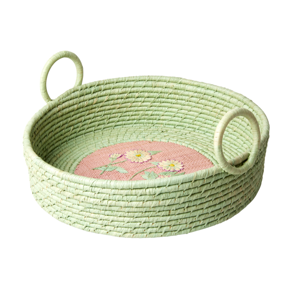 Round Raffia Bread Basket Embroidered Daisy or Lobster Rice DK